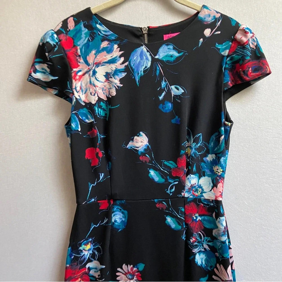 Betsey Johnson Black Floral Midi short sleeve Dress Sz 4 - Picture 8 of 15